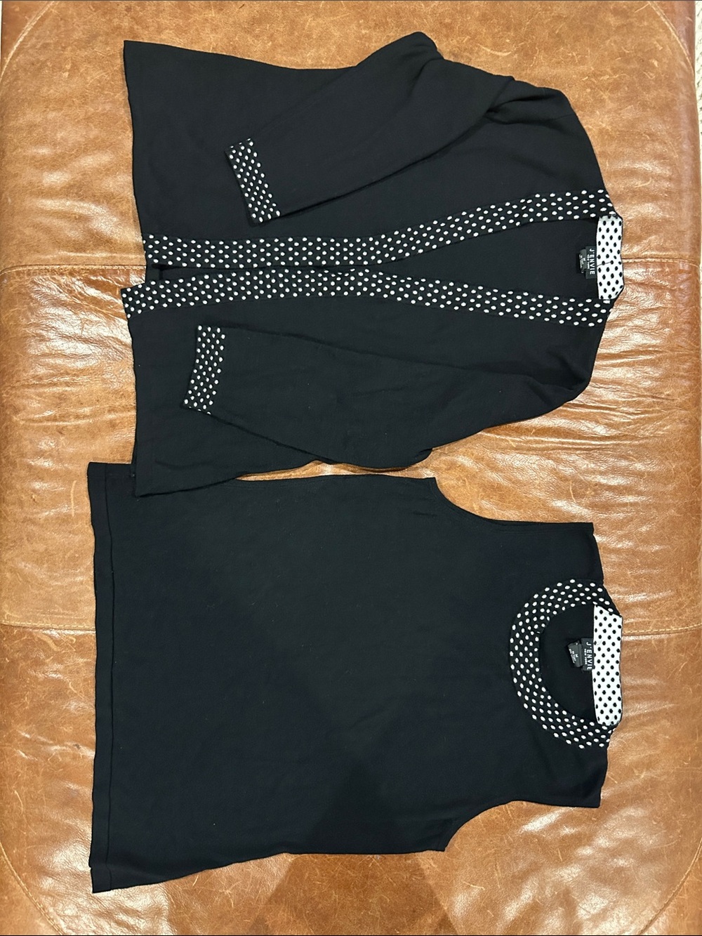 J'Envie New York Black Cardigan and tank with White Polka Dot Trim